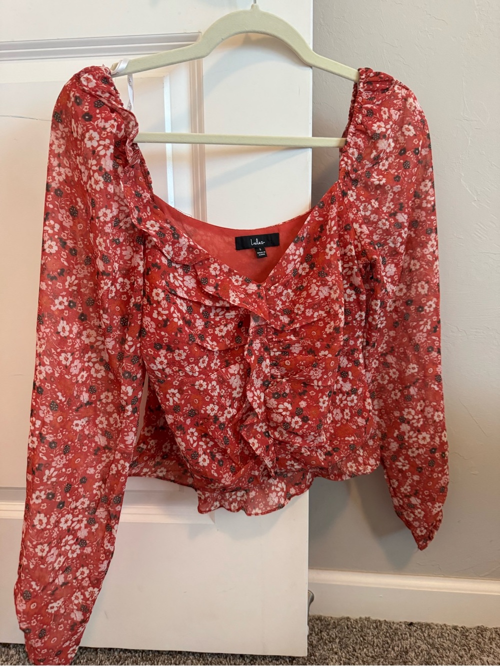 Lulu's Coral-Red Floral Ruffle Front Blouse